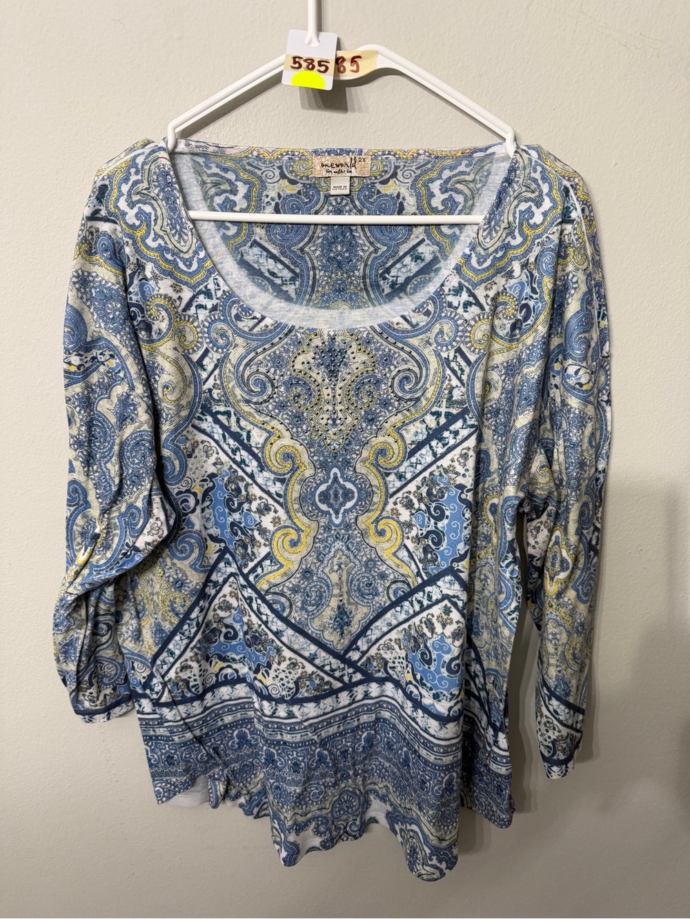 Women’s One World 2X Blue Paisley Embellished 3/4 Sleeve Boho Top